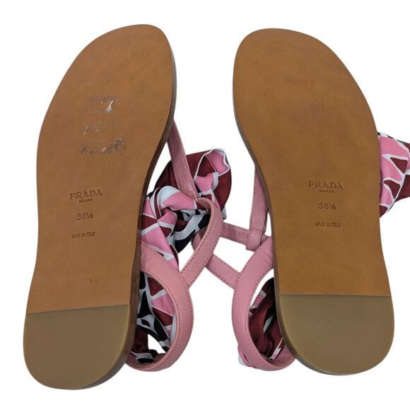 Prada Pink Leather Sandals with Printed Scarf Tie Size 38.5 Designer Flat Thong - Picture 8 of 9